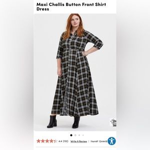 Maxi challis button front shirt dress black and yellow plaid